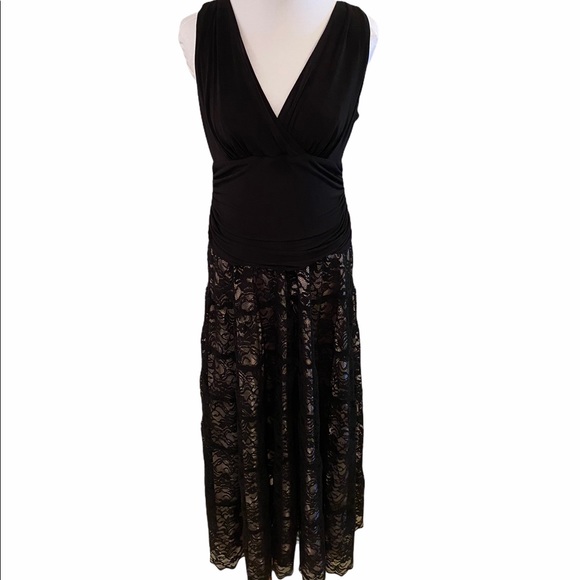 SLNY Strapless Black Lace Champagne Evening Gown